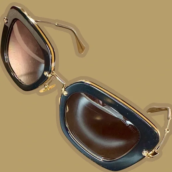 Miu Miu Black & Gold Acetate SMU 07O Square Lense Metal Frame Sunglasses W/ Case - Picture 14 of 16